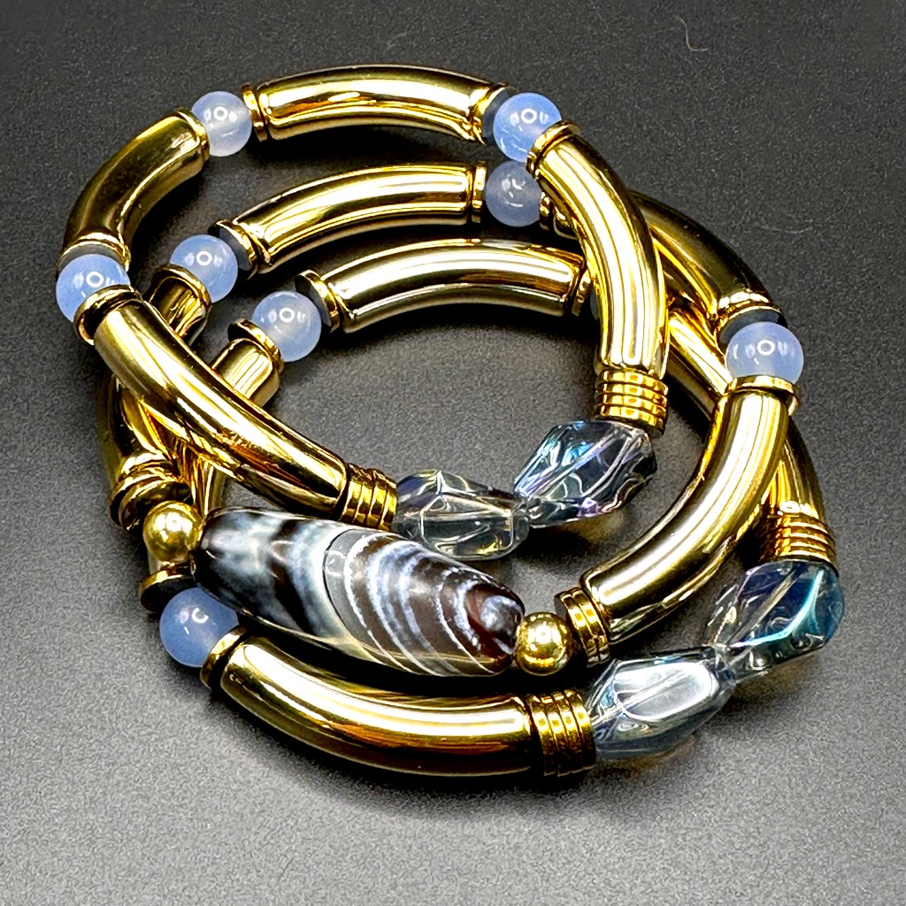 Chonky Tibetan Agate Chalcedony Bracelet Set 3 Size 7 35$